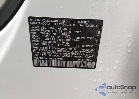 2021 Volkswagen Atlas 3.6L V6 Sel from USA, damaged, VIN 1V2ER2CA2MC567423